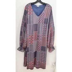 Cato Blue & Red Patchwork Balloon Sleeve‎ Lined Dress Womens Size 22/24W Boho